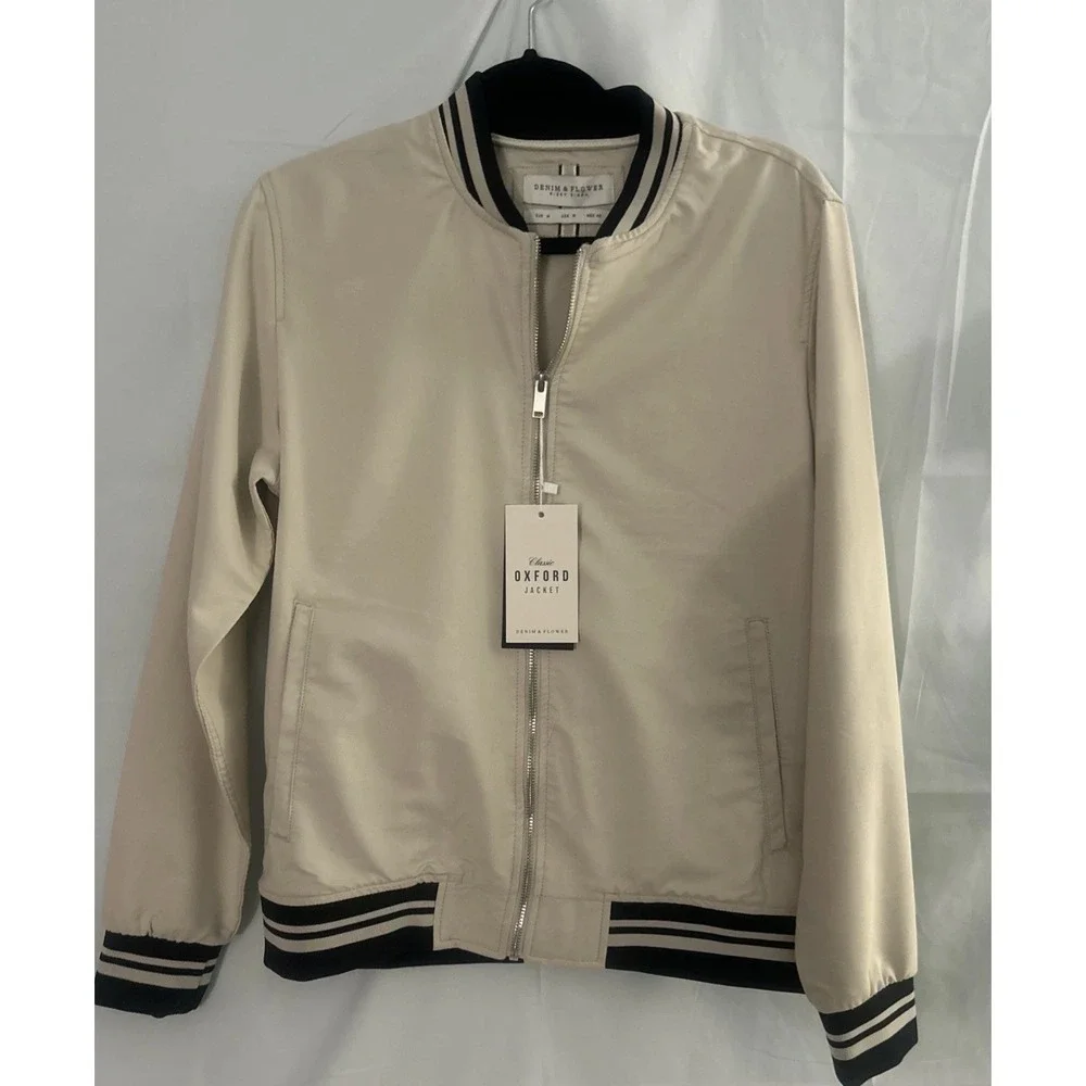 Mens Oxford Jacket Varsity Bomber Size M Zip Classic Ivory Rib Knit Cuff Light